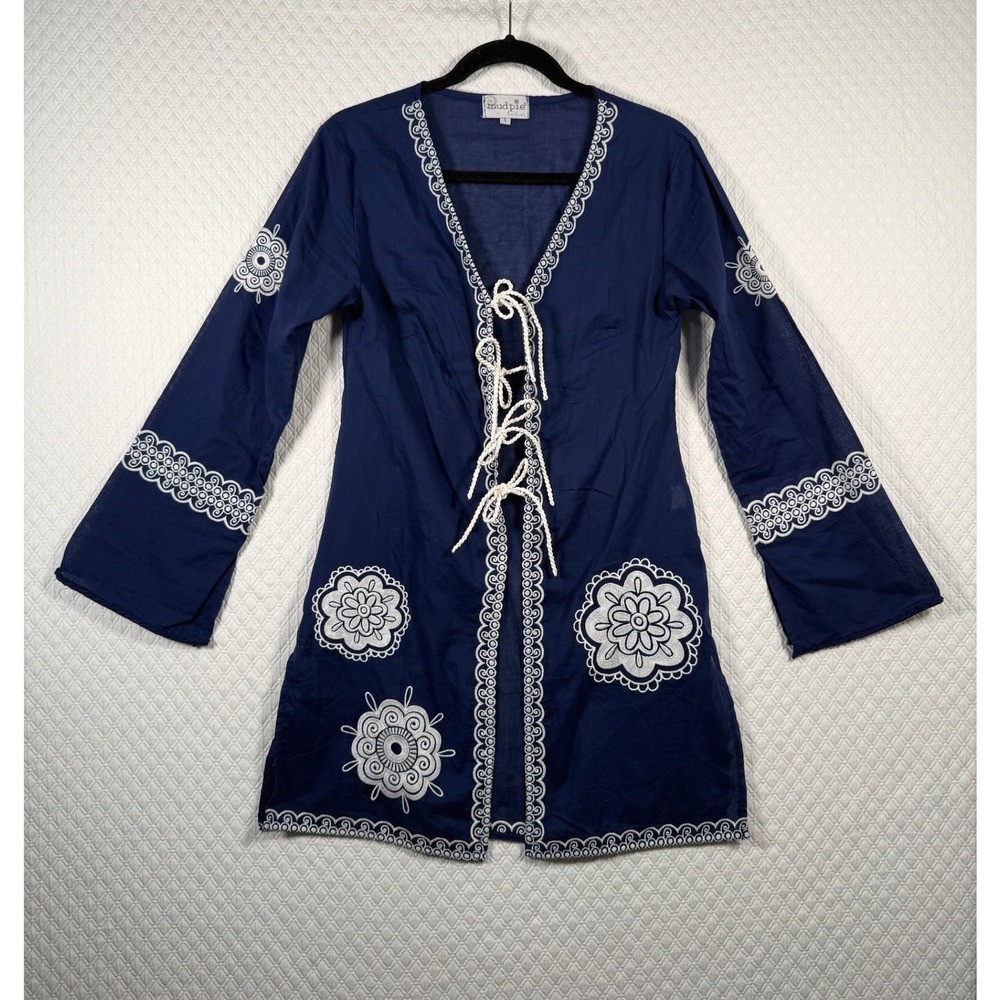 Embroidered Cotton Lace Up Tunic Top Coverup Mud Pie Bag Lady Beach Boho Cottage